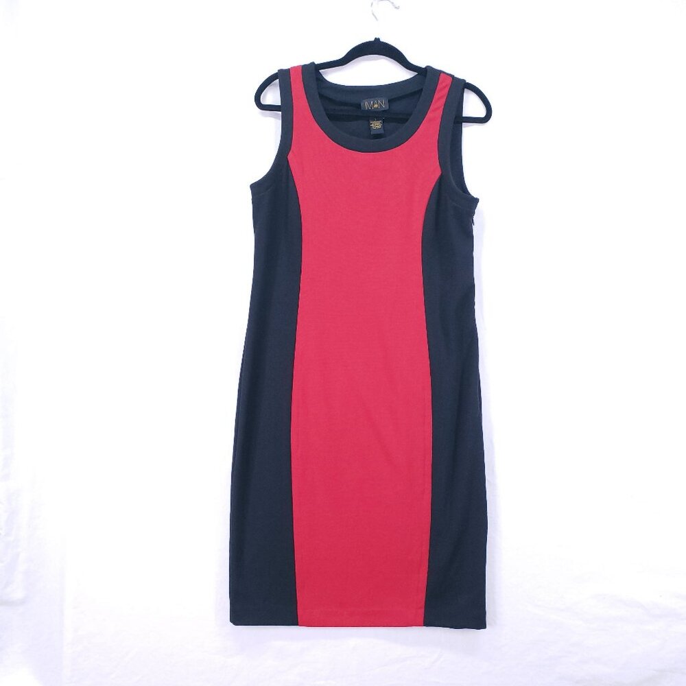 IMAN Red Black Scoop Neck Bodycon Mid Length Colorblock Business Office Dress L